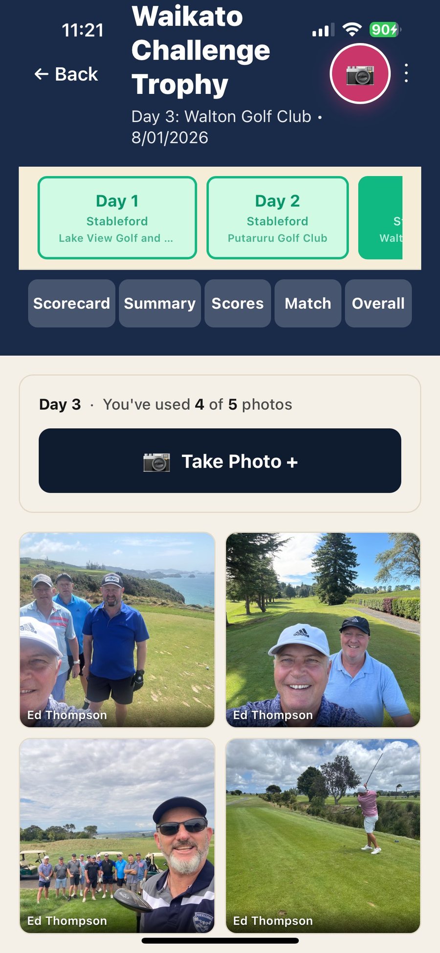 Photo grid for Day 3 of the trip with team selfies and on-course shots, visible only to your group
