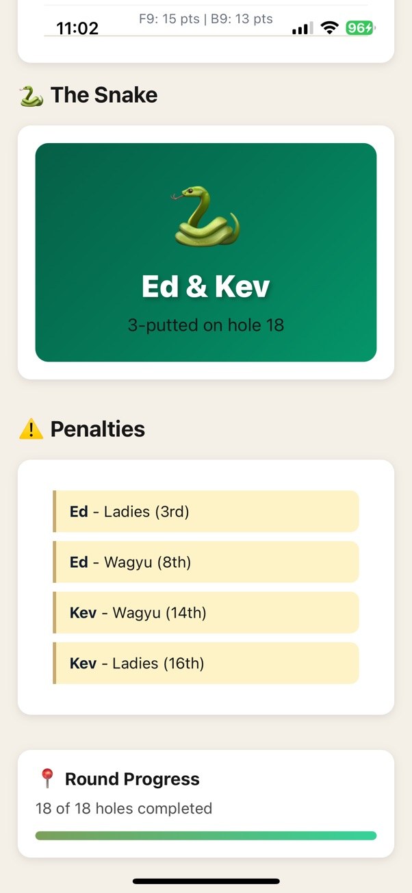 Snake and Penalties screen showing who currently holds the Snake