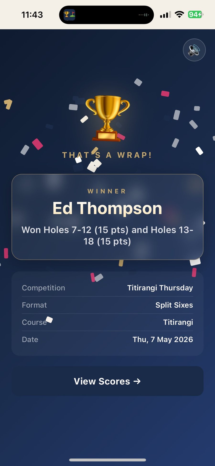 Compete-Golf end of round summary screen — That's a Wrap! Winner: Ed Thompson, Won Holes 7-12 (15 pts) and Holes 13-18 (15 pts), Split Sixes at Titirangi